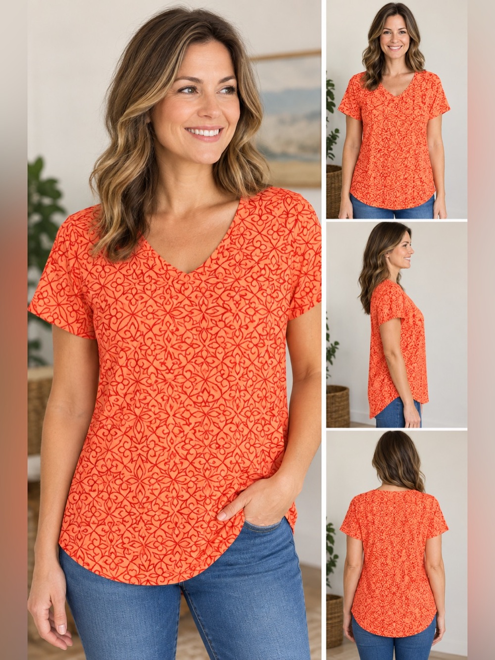 Soft Surroundings Isabel Coral & Orange V-Neck Short Sleeve Tunic Top